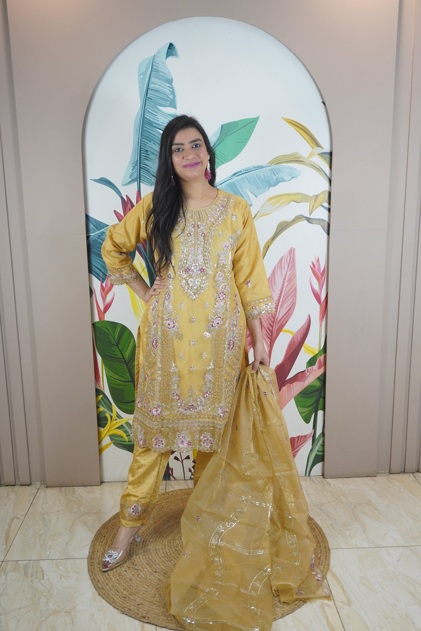 Golden Colour Zari & sequence Work Pakistani Kurta Set with Pant & Dupatta