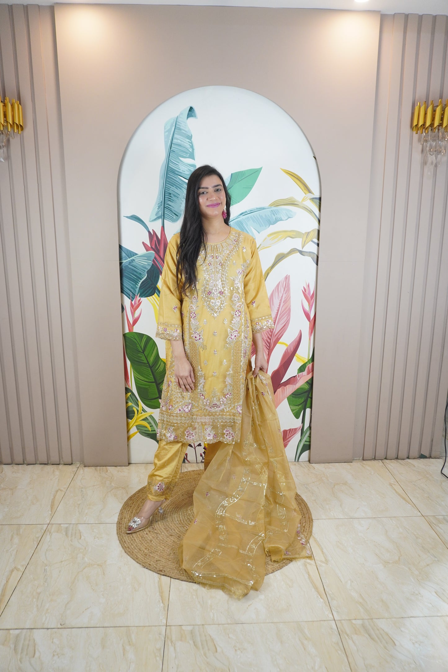 Golden Colour Zari & sequence Work Pakistani Kurta Set with Pant & Dupatta