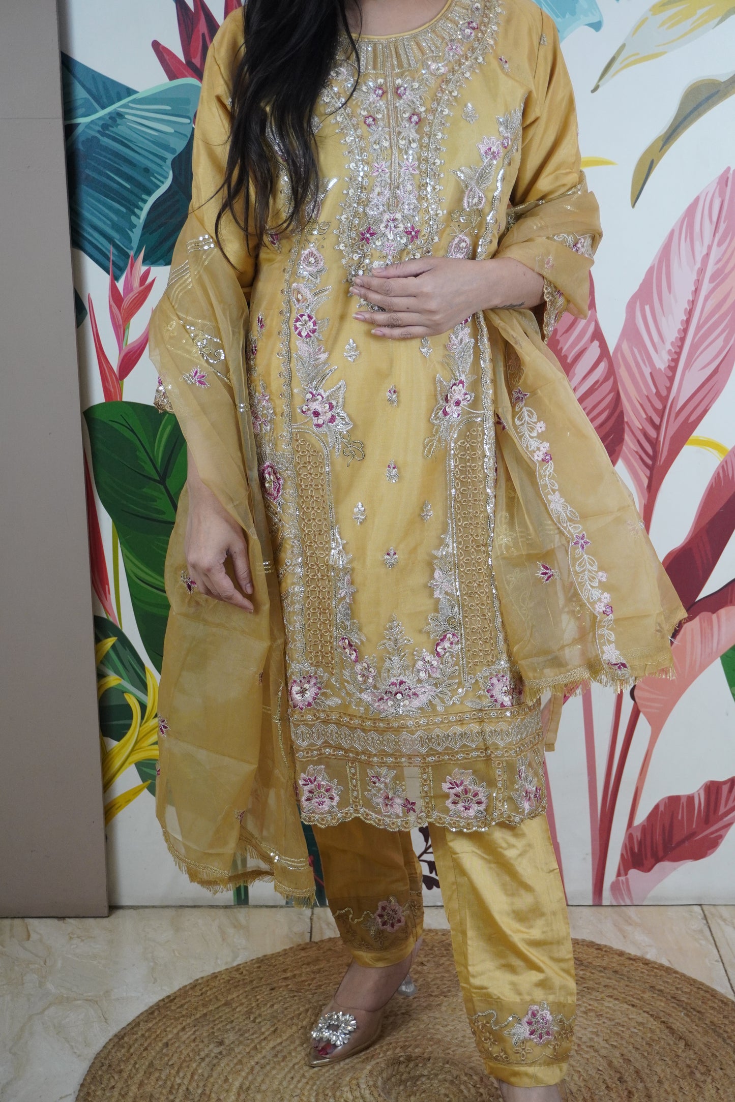 Golden Colour Zari & sequence Work Pakistani Kurta Set with Pant & Dupatta