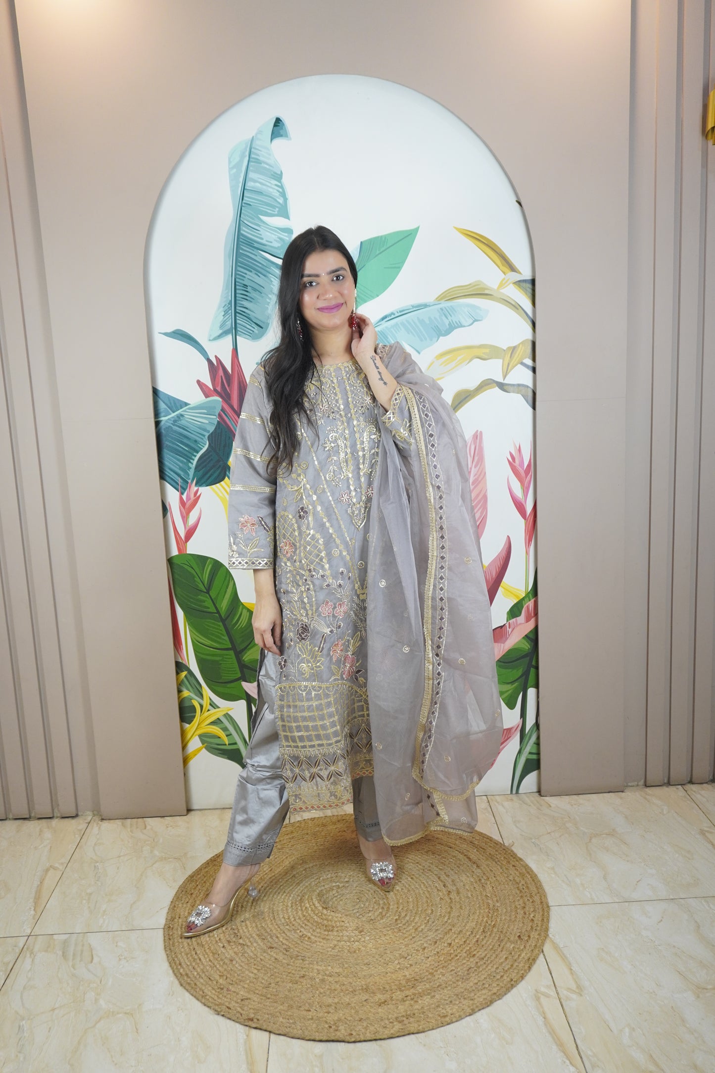 Grey Colour Zari & sequence Work Pakistani Kurta Set with Pant & Dupatta