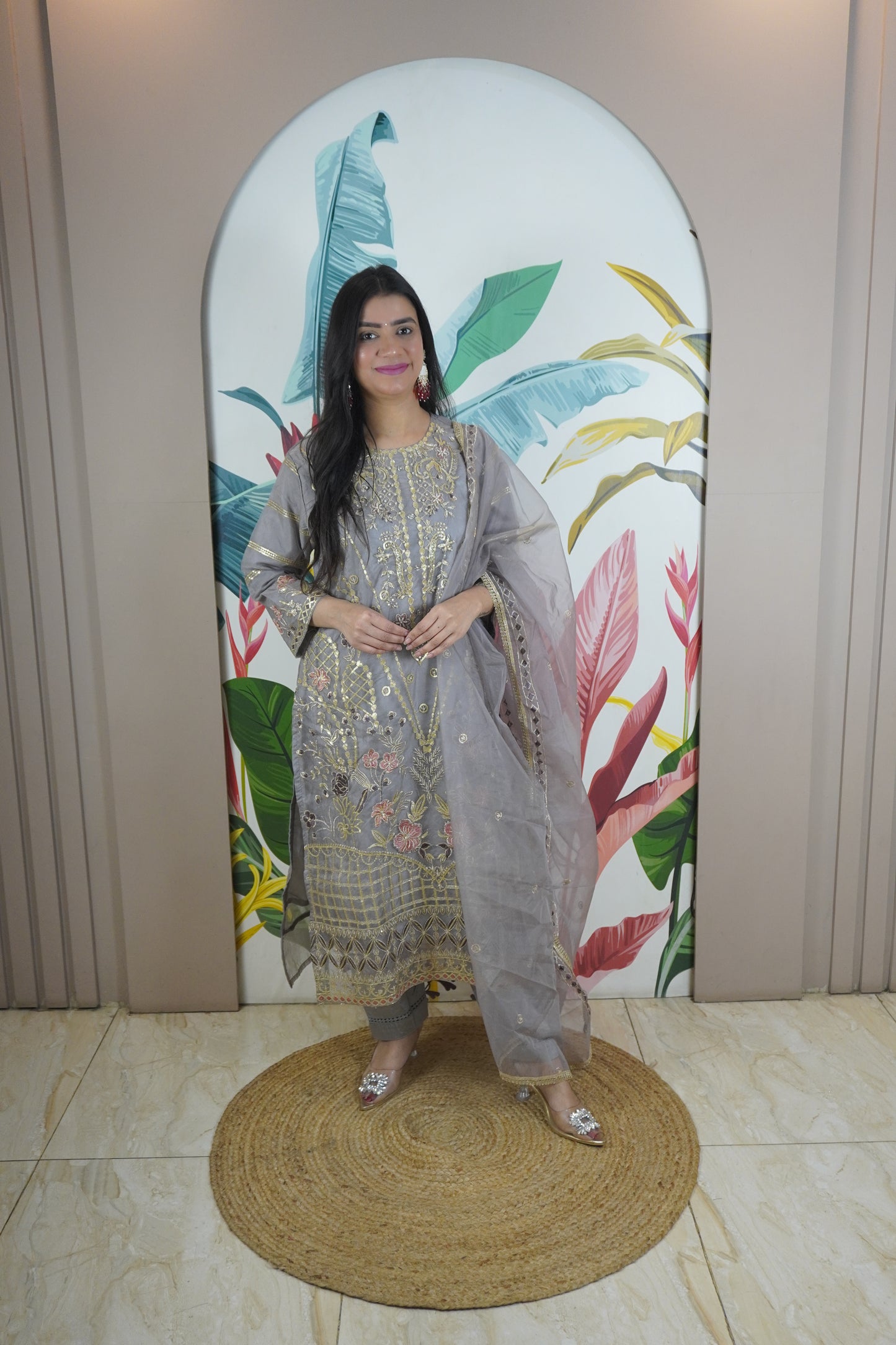 Grey Colour Zari & sequence Work Pakistani Kurta Set with Pant & Dupatta