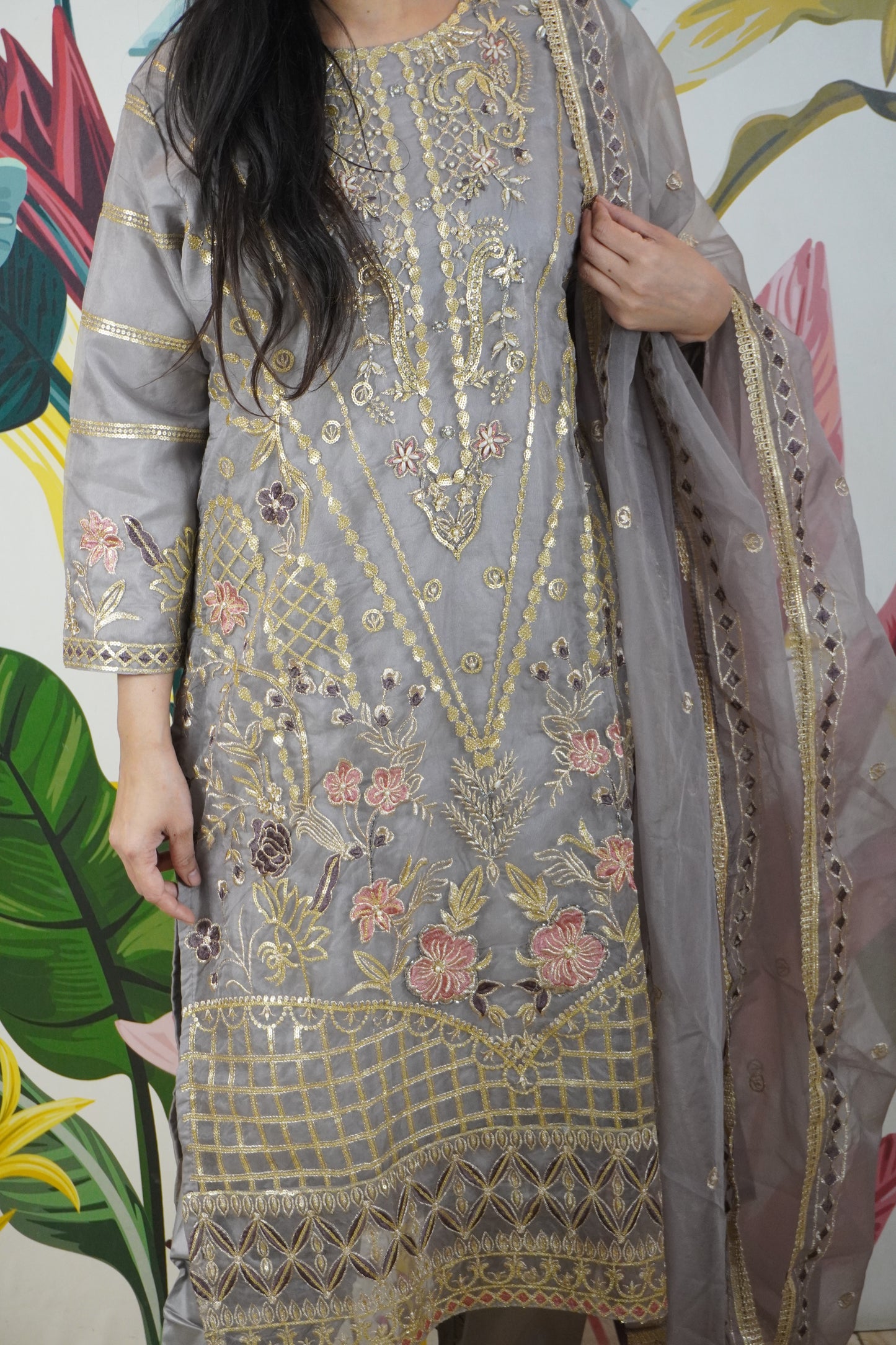 Grey Colour Zari & sequence Work Pakistani Kurta Set with Pant & Dupatta