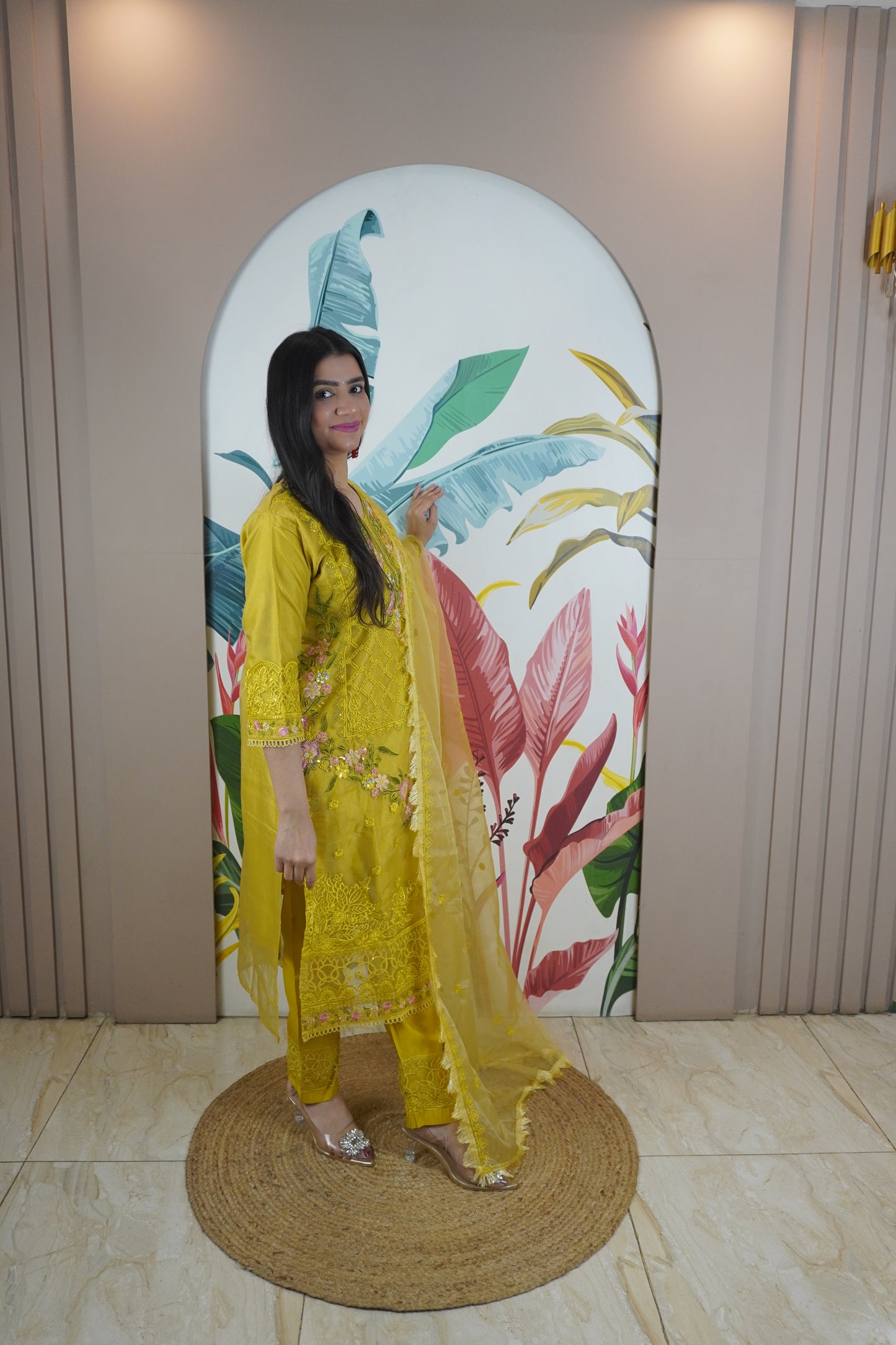 Yellow Colour Zari & sequence Work Pakistani Kurta Set with Pant & Dupatta