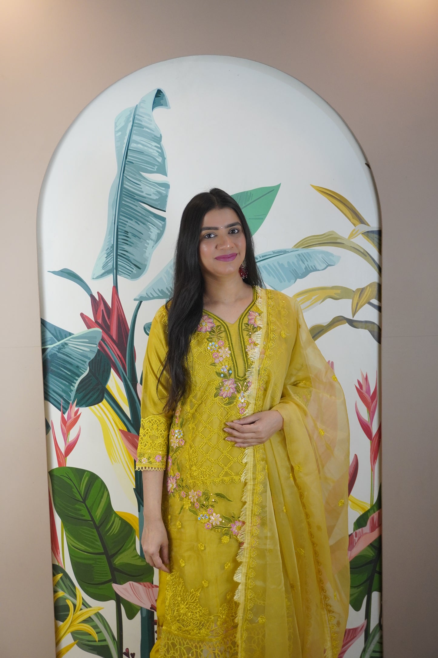 Yellow Colour Zari & sequence Work Pakistani Kurta Set with Pant & Dupatta