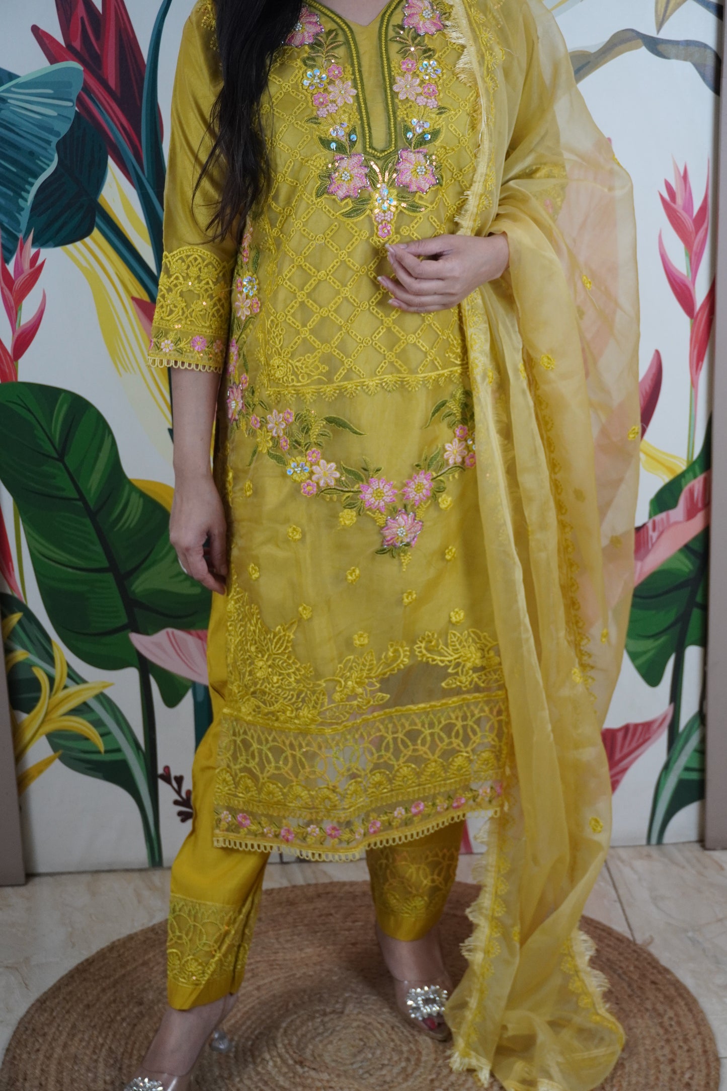 Yellow Colour Zari & sequence Work Pakistani Kurta Set with Pant & Dupatta