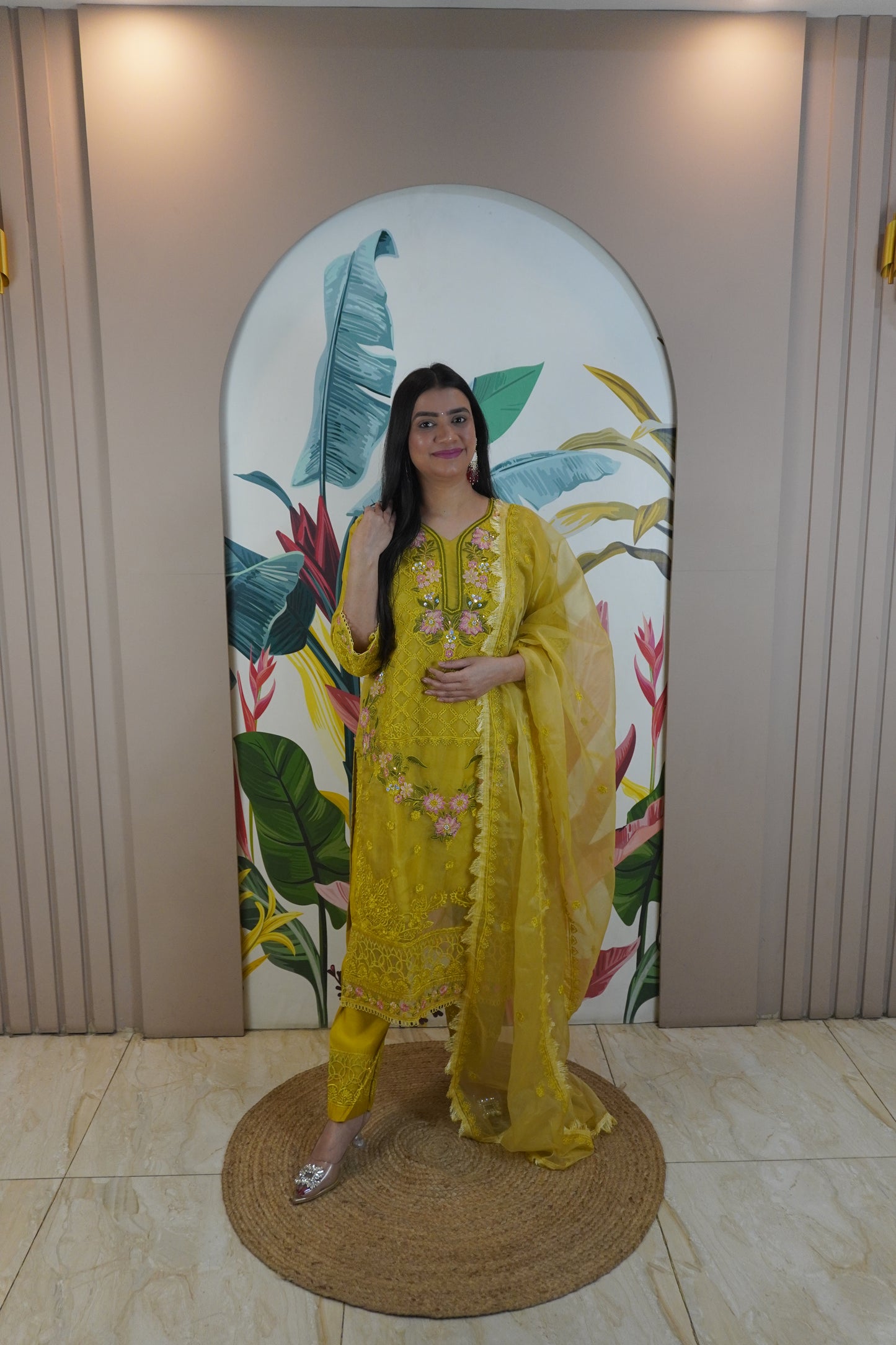 Yellow Colour Zari & sequence Work Pakistani Kurta Set with Pant & Dupatta