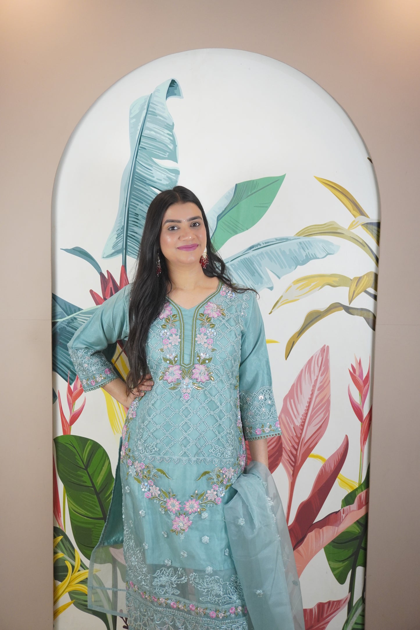 Blue Colour Zari & sequence Work Pakistani Kurta Set with Pant & Dupatta