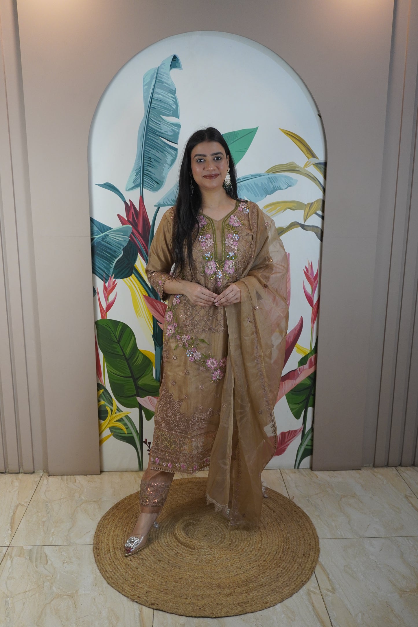 Brown Colour Zari & sequence Work Pakistani Kurta Set with Pant & Dupatta