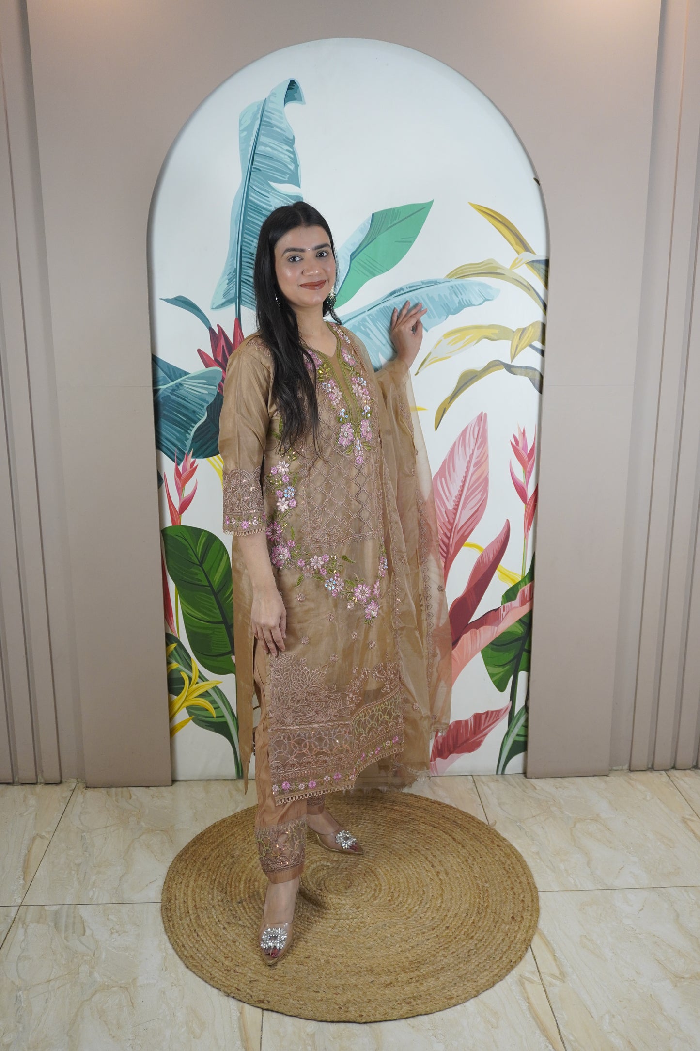 Brown Colour Zari & sequence Work Pakistani Kurta Set with Pant & Dupatta