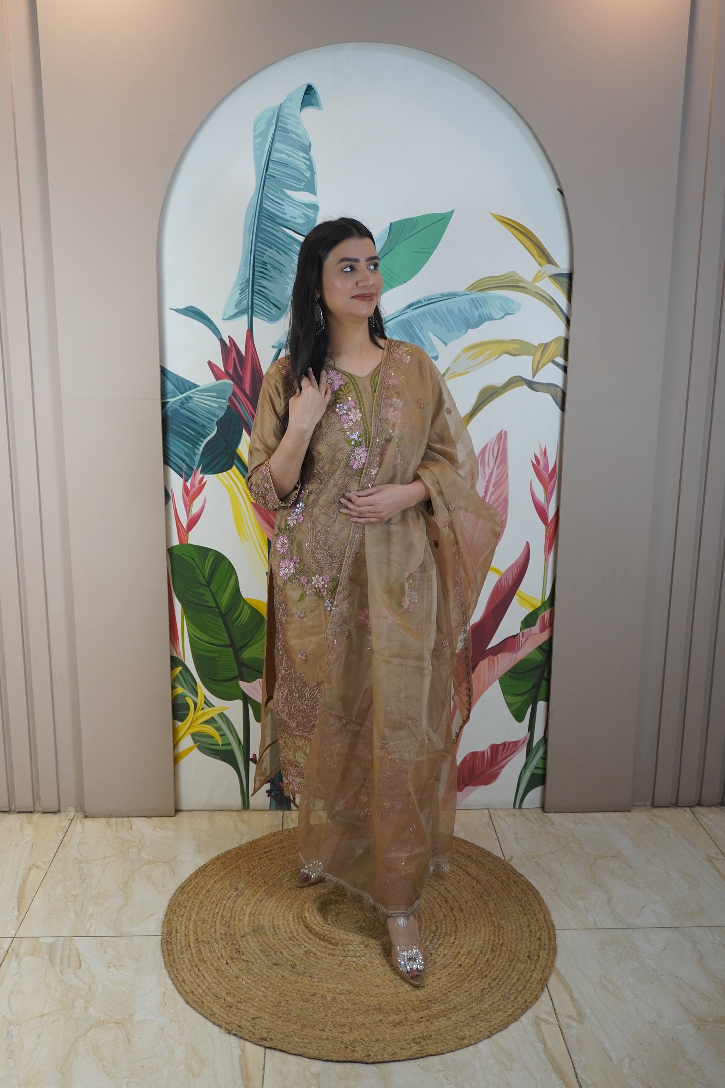 Brown Colour Zari & sequence Work Pakistani Kurta Set with Pant & Dupatta