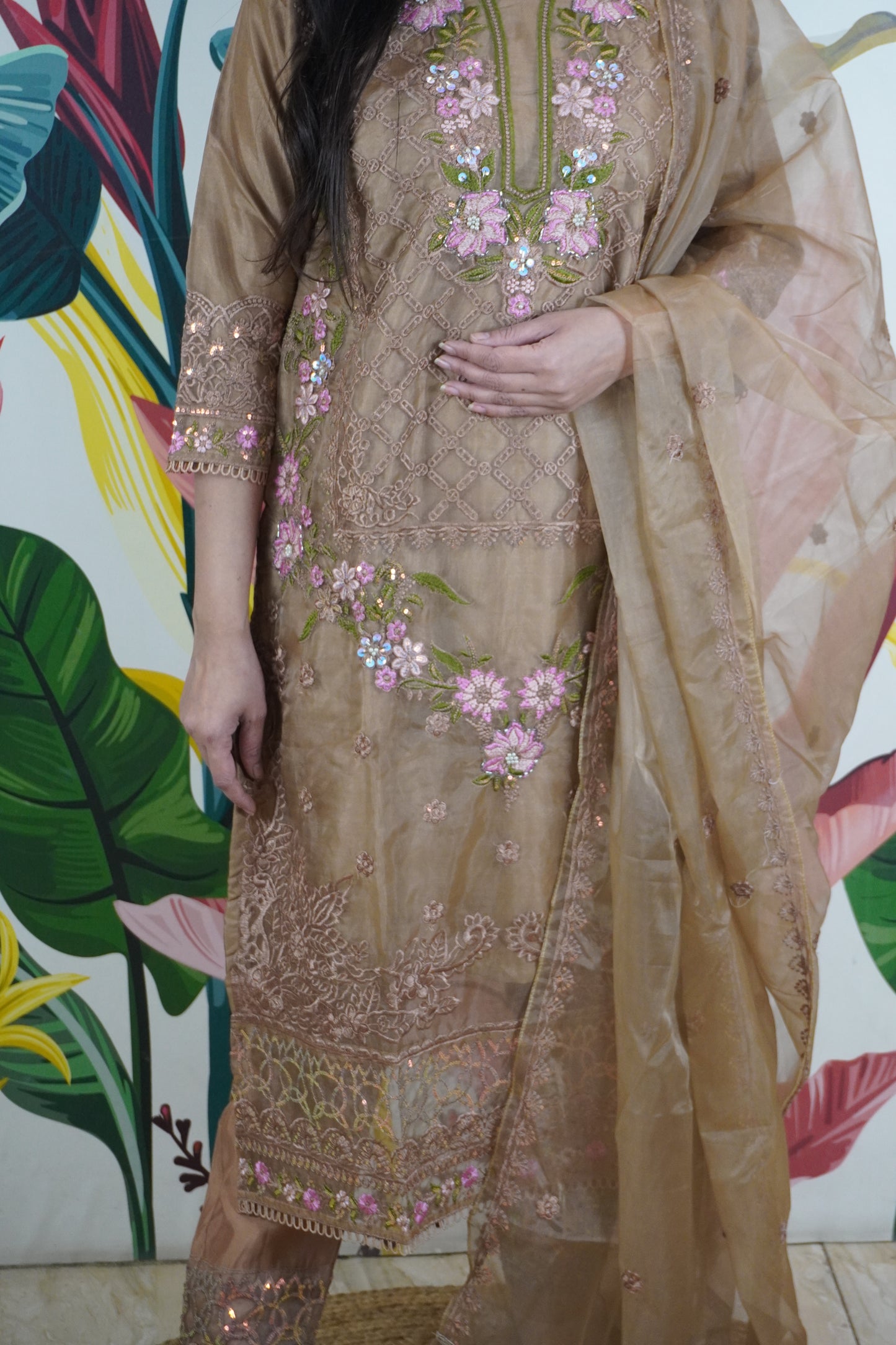 Brown Colour Zari & sequence Work Pakistani Kurta Set with Pant & Dupatta