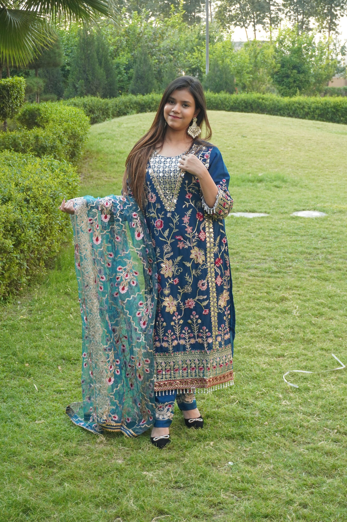Blue Colour Zari & Mirror Work Pakistani Kurta Set with Pant & Dupatta