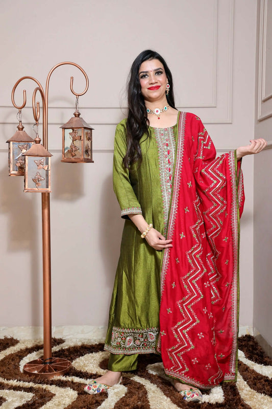 Women olive green zari detail Anarkali kurta with pant & magenta colour thread work dupatta
