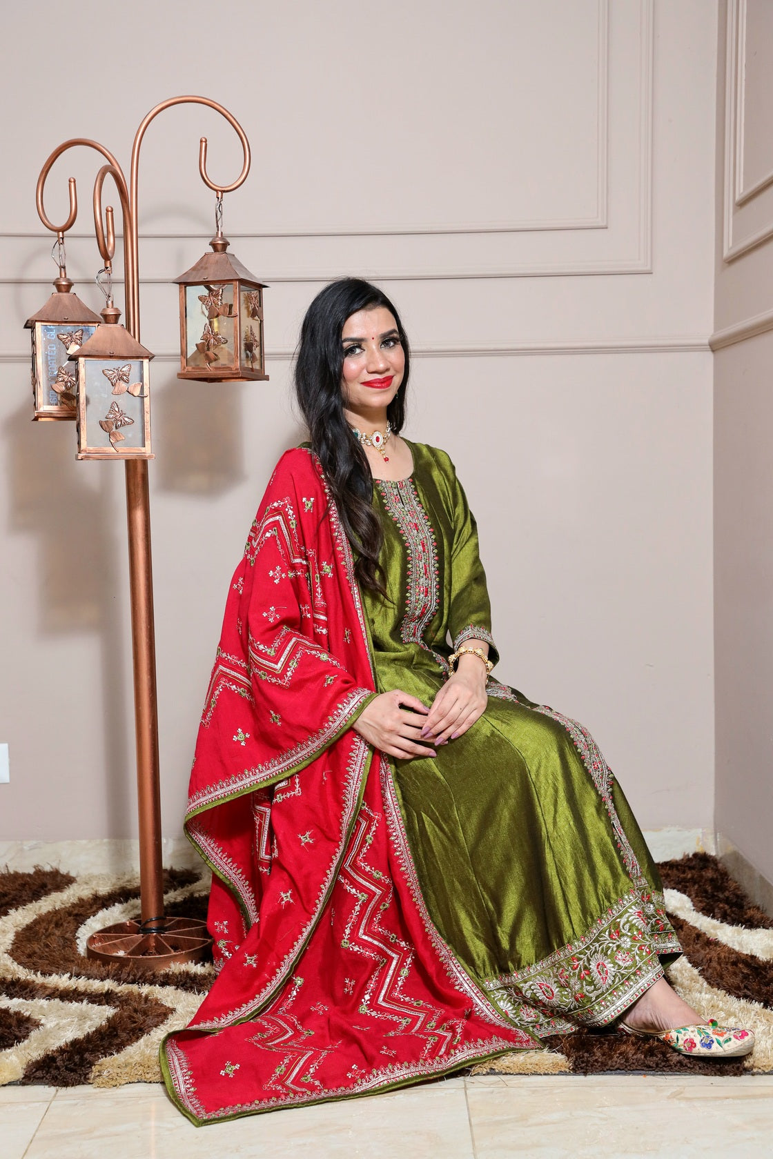 Women olive green zari detail Anarkali kurta with pant & magenta colour thread work dupatta