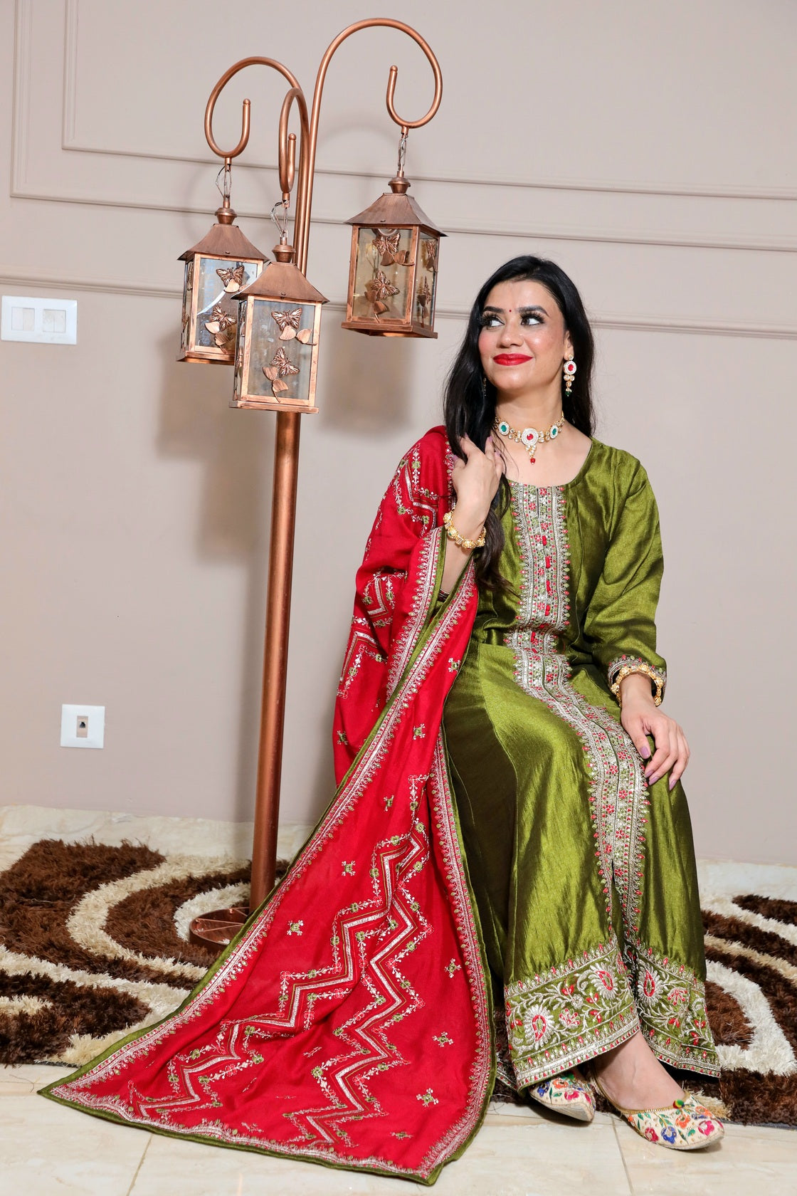 Women olive green zari detail Anarkali kurta with pant & magenta colour thread work dupatta
