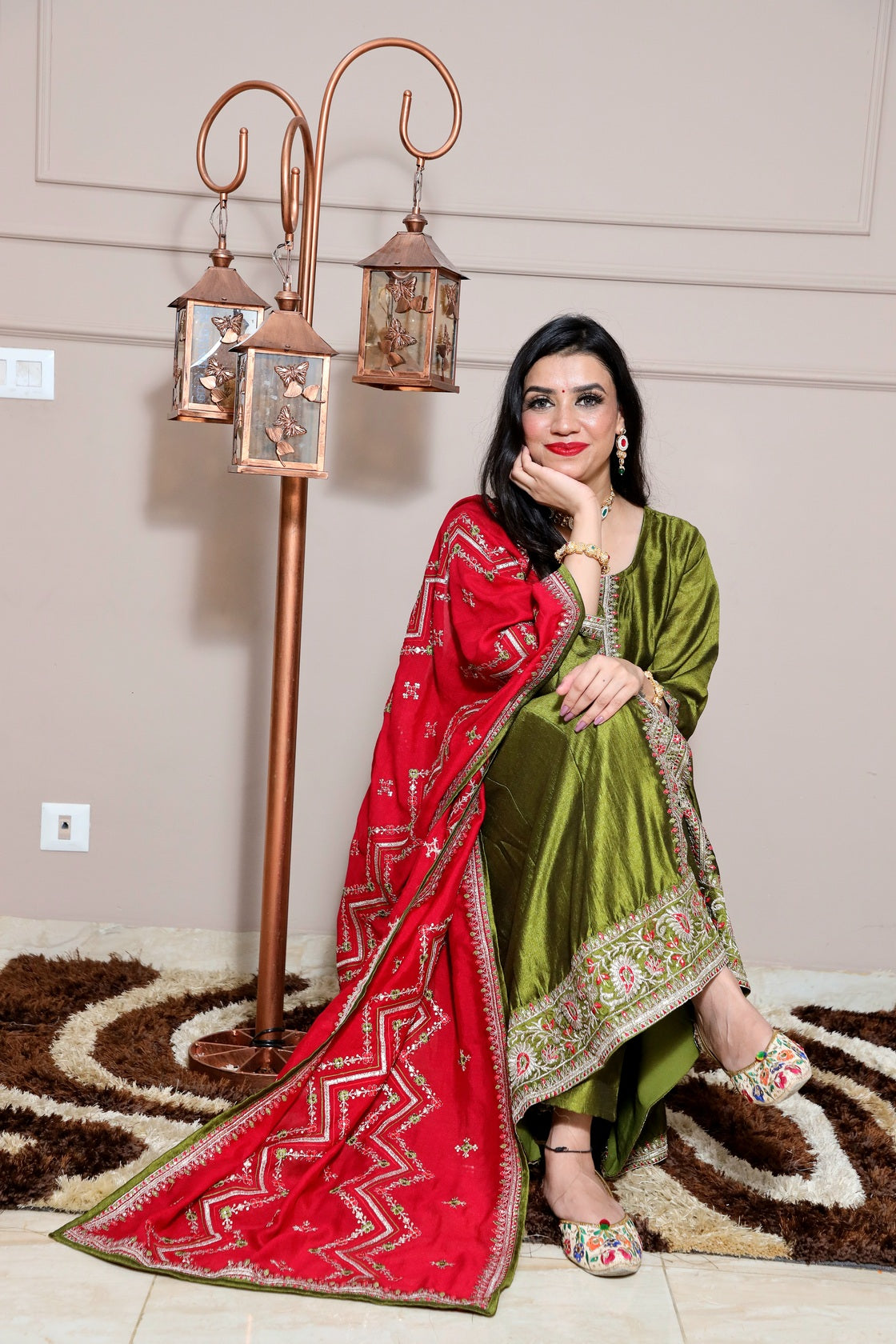 Women olive green zari detail Anarkali kurta with pant & magenta colour thread work dupatta