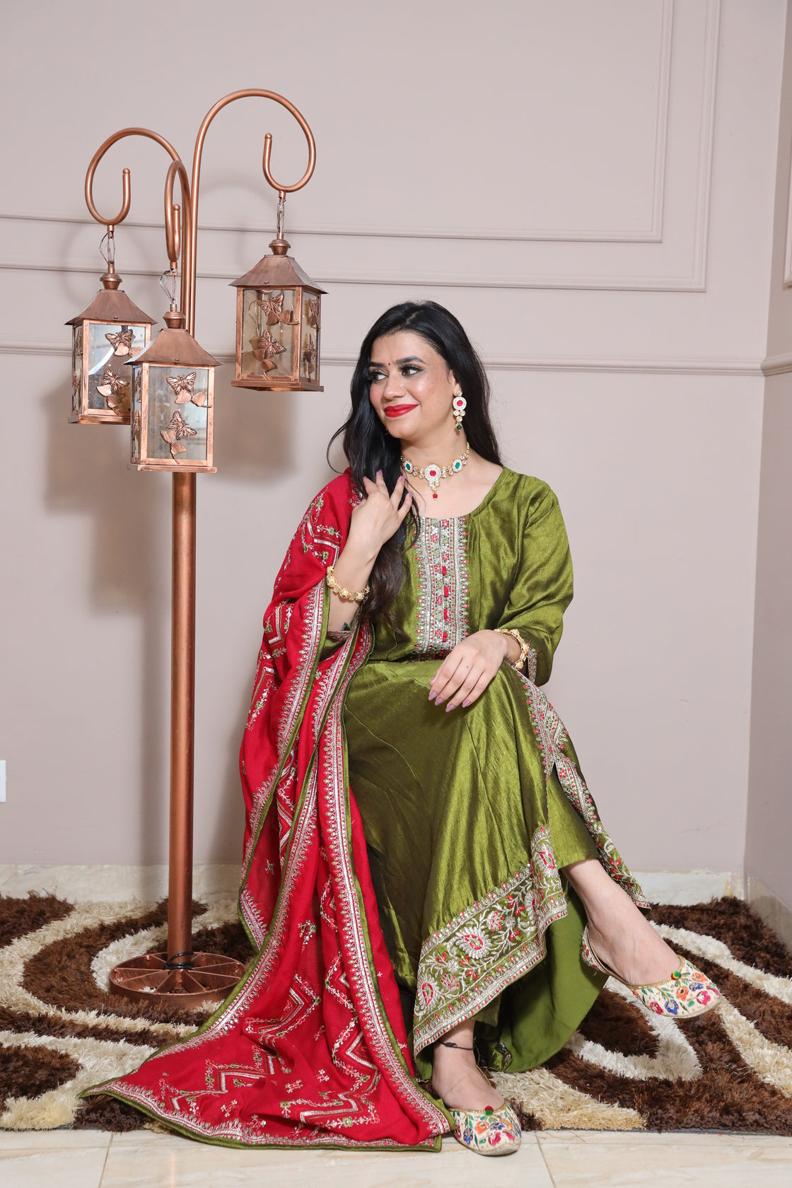 Women olive green zari detail Anarkali kurta with pant & magenta colour thread work dupatta