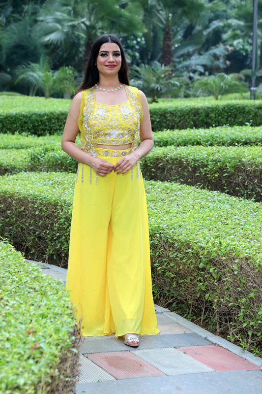 Yellow Colour Moti Work Crop Top with Palazzo & Jacket
