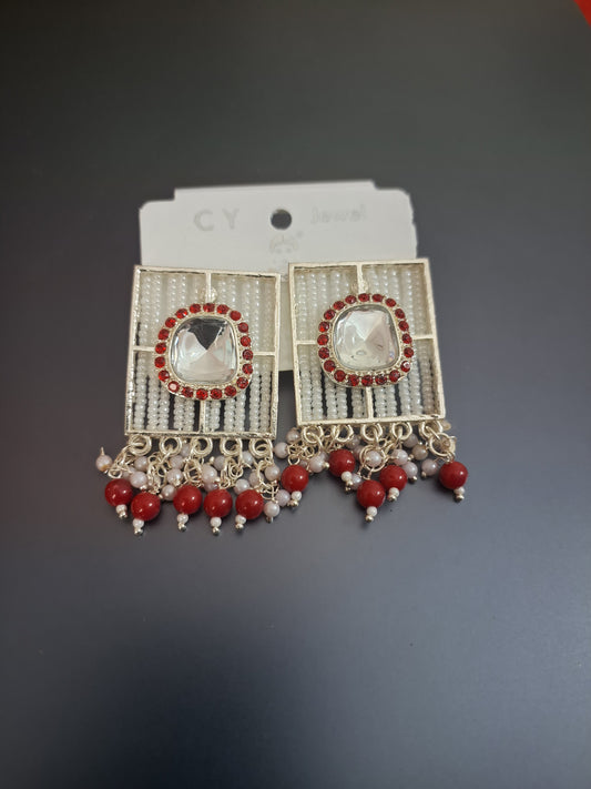 Red colour rectangle shape Pearl work earrings