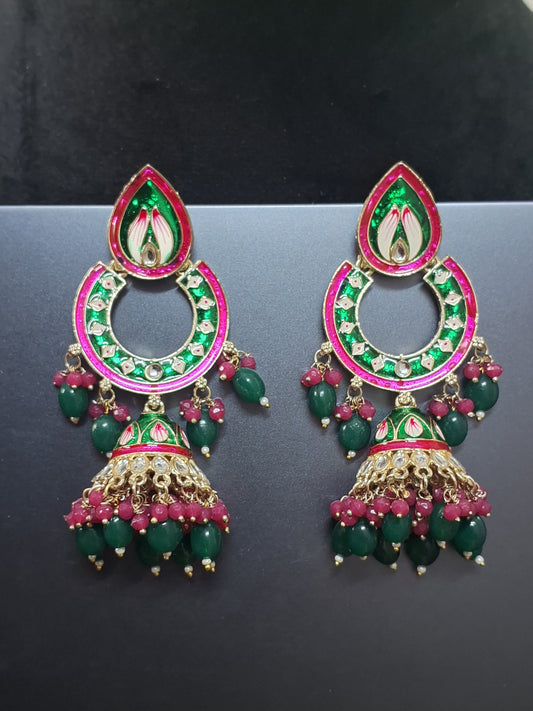 Green & Pink colour heavy Jhumka Earring