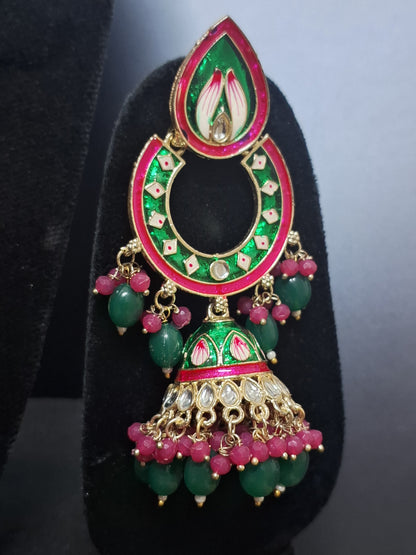 Green & Pink colour heavy Jhumka Earring