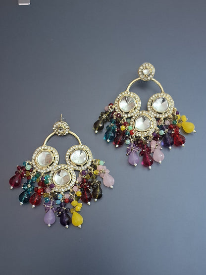 Multi Colour Gold plated Kundan work Drop Earring
