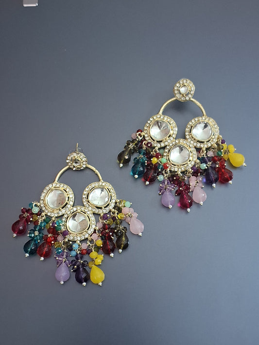 Multi Colour Gold plated Kundan work Drop Earring