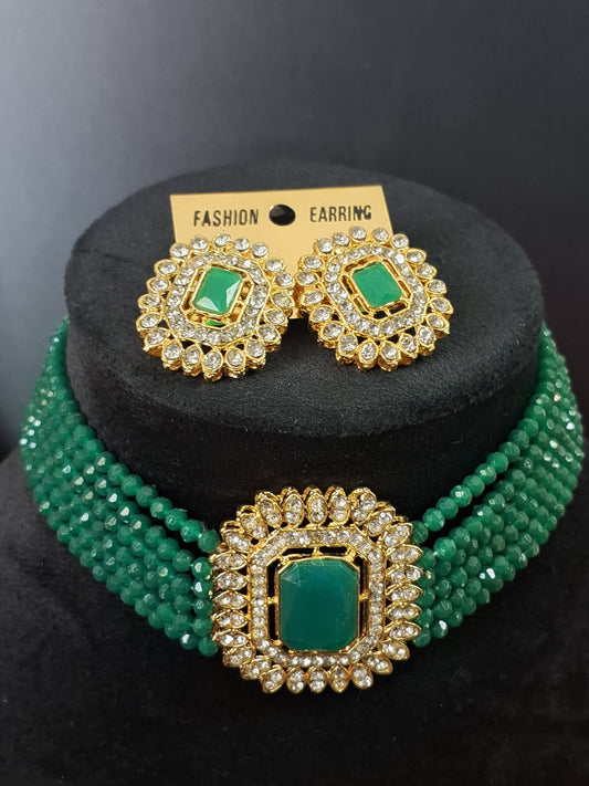 Green Colour Choker Necklace with Earring