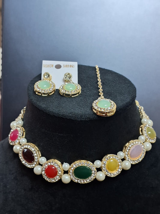Multi Colour Kundan Choker Necklace with Earring & Maang Tikka