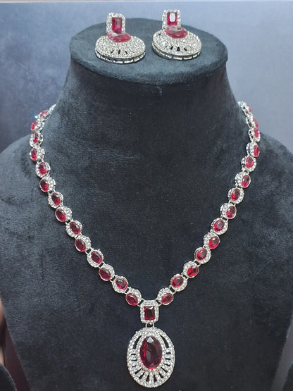 Pink Colour Diamond work Pendant Necklace with Earring
