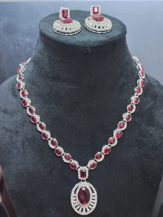 Pink Colour Diamond work Pendant Necklace with Earring