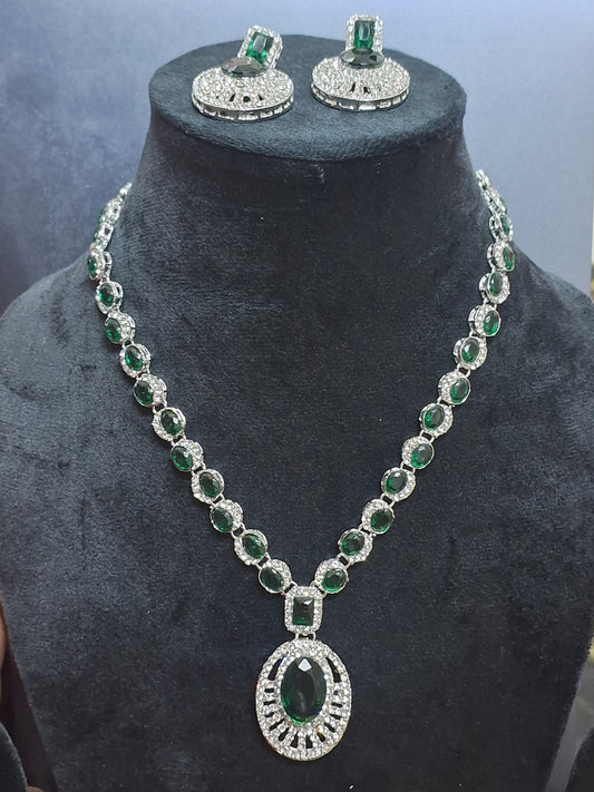Green Colour Diamond work Pendant Necklace with Earring