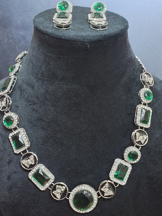 Green Colour Diamond work Pendant Necklace with Earring