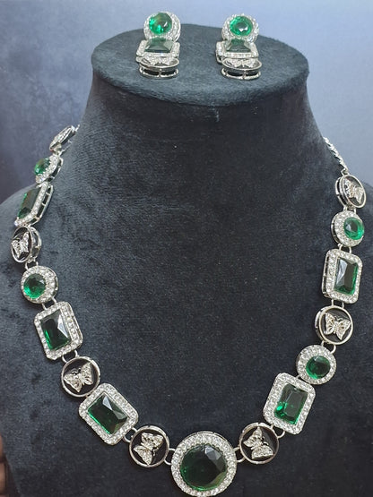 Green Colour Diamond work Pendant Necklace with Earring