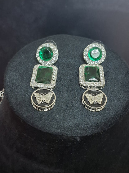 Green Colour Diamond work Pendant Necklace with Earring