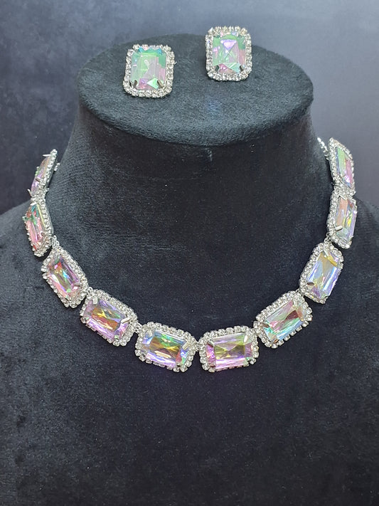 Silver Multi Colour Shine Kundan Necklace with Earring