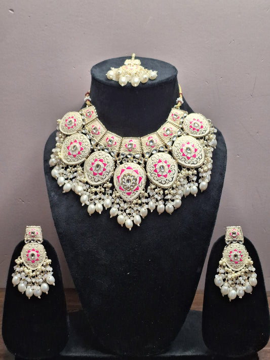 Pink & White colour Silver Plated MeenaKari Necklace with Earring & Maang Tikka