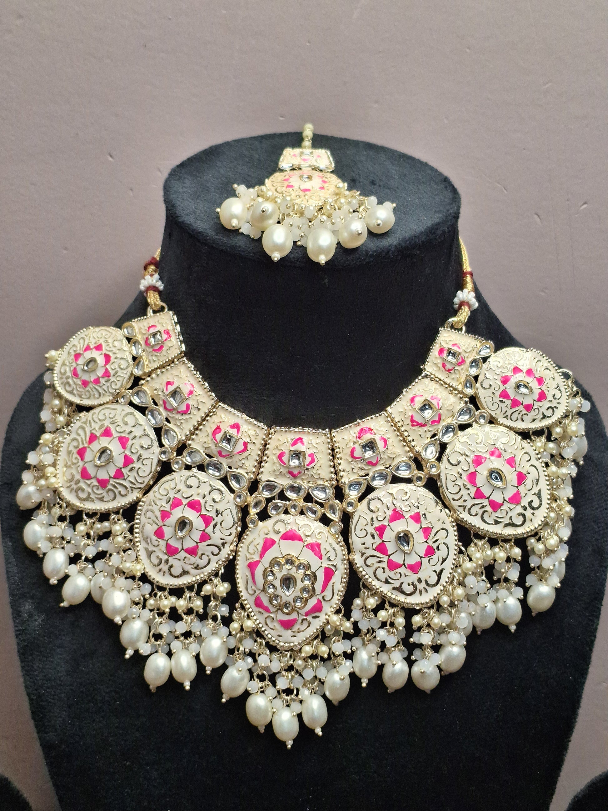 Pink & White colour Silver Plated MeenaKari Necklace with Earring & Maang Tikka