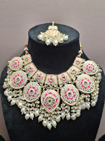 Pink & White colour Silver Plated MeenaKari Necklace with Earring & Maang Tikka