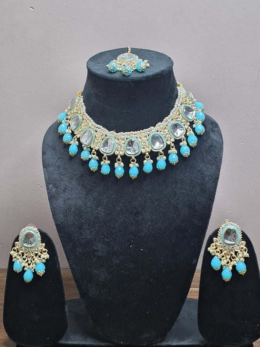 Sea Blue Colour Kundan Necklace with Earring & Maang Tikka