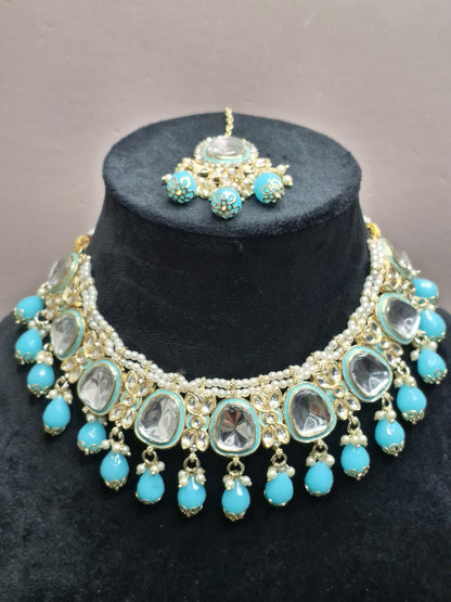 Sea Blue Colour Kundan Necklace with Earring & Maang Tikka