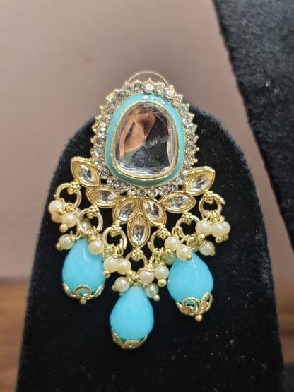 Sea Blue Colour Kundan Necklace with Earring & Maang Tikka