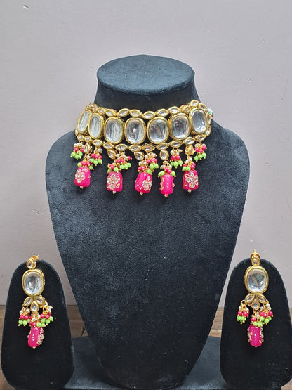 Pink Colour Gold Plated Kundan Necklace with Earring