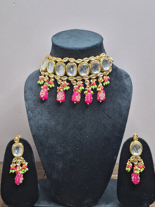 Pink Colour Gold Plated Kundan Necklace with Earring