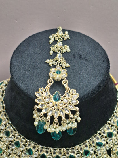 Green colour Silver Plated Kundan Necklace with Earring & Maang Tikka