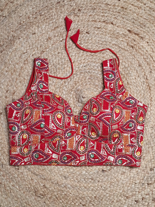 Red Colour Designer Women Padded Blouse with Multi Colour Thread & Sequence work (38 Inch Bust Size with 2 Inch Margin both side, customer can alter as per their need)