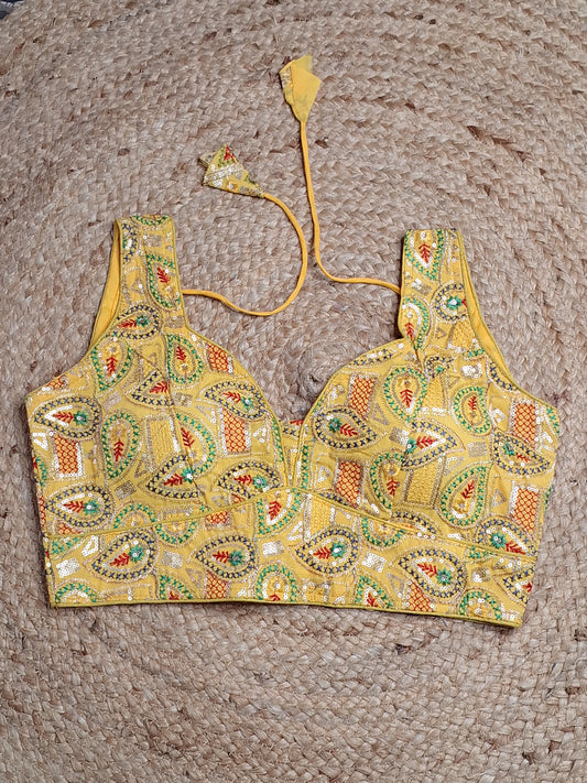 Yellow Colour Designer Women Padded Blouse with Multi Colour Thread & Sequence work (38 Inch Bust Size with 2 Inch Margin both side, customer can alter as per their need)