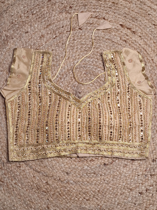 Golden Colour Designer Women Padded Blouse with Moti & Lace Work (36 Inch Bust Size with 1 Inch Margin both side, customer can alter as per their need)