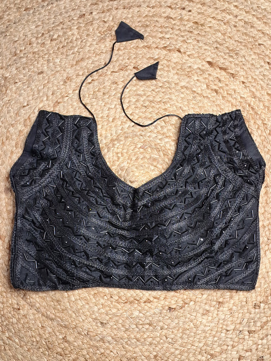 Black Colour Designer Women Padded Blouse with Moti & Lace Work (36 Inch Bust Size with 1 Inch Margin both side, customer can alter as per their need)