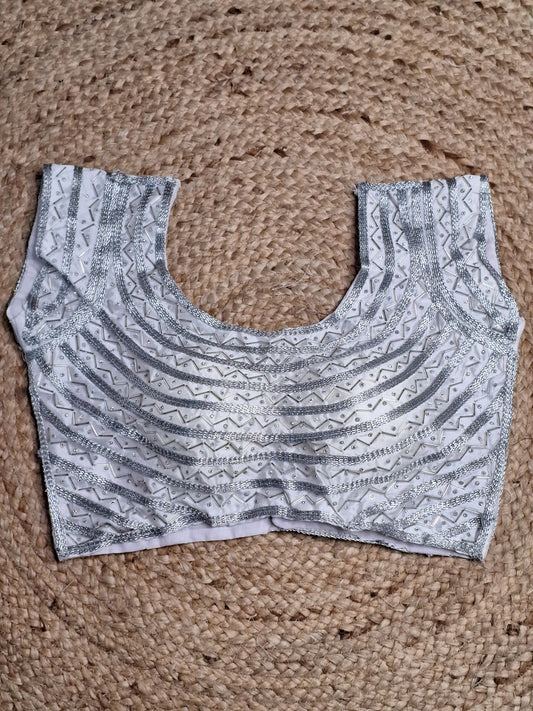 Silver Colour Designer Women Padded Blouse with Moti & Lace Work (36 Inch Bust Size with 1 Inch Margin both side, customer can alter as per their need)